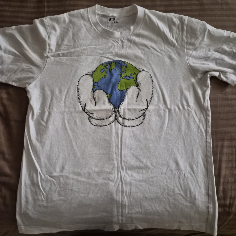 KAWS White Tee with Blue and Green Earth Design